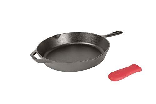 Lodge Cast Iron Skillet with Red Silicone Hot Handle Holder, 12-inch - CookCave