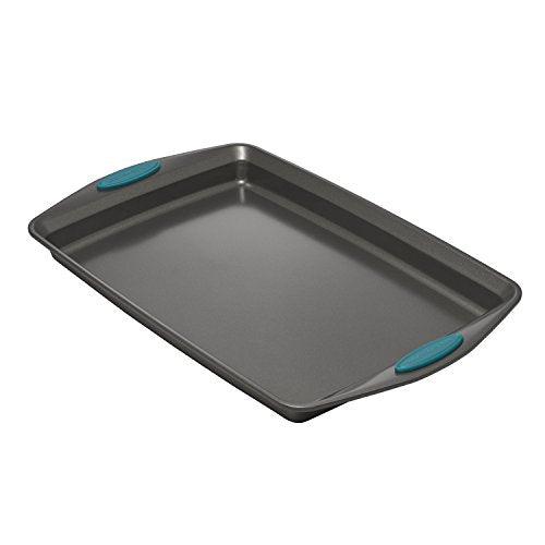 Rachael Ray Nonstick Bakeware Set with Grips includes Nonstick Bread / Baking Pans, Cookie / Baking Sheet and Cake Pans - 10 Piece, Gray with marine blue grips - CookCave