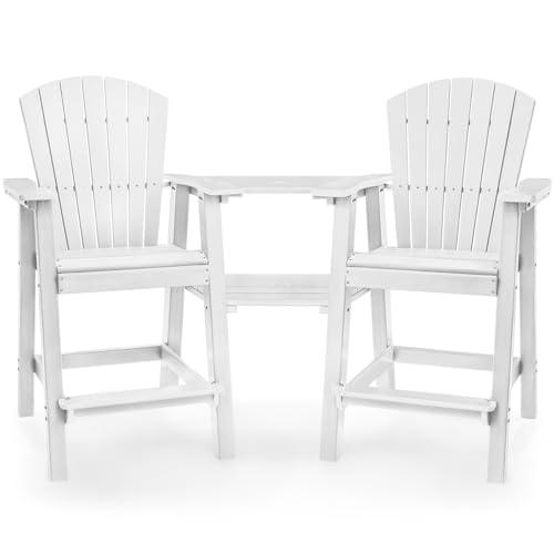 Tall Adirondack Chairs Set of 2, Weather Resistant HDPE Adirondack Barstools, Balcony Chairs with Double Connecting Tray & Umbrella Hole, Patio Stools for Outdoor Deck Lawn Pool Backyard, White - CookCave