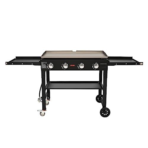 VEVOR Commercial Griddle on Cart, 36" Heavy Duty Manual Flat Top Griddle, Outdoor Cooking Station with Side Shelves, Steel Natural Gas Griddle, 4-Burners Restaurant Portable Grill - 60,000 BTU - CookCave