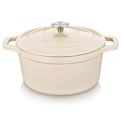 vancasso Cast Iron Dutch Oven, 6 qt Dutch Oven Pot with Lid, Round Dutch Oven Cast Iron Pot with Non Stick Enamel Coating for Bread Baking, White Dutch Oven for Kitchen - CookCave