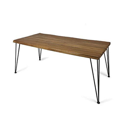 Christopher Knight Home Kama Patio Dining, Rectangular, 72", Acacia Wood Table Top, Rustic Iron Hairpin Legs, Teak Finish, Metal - CookCave