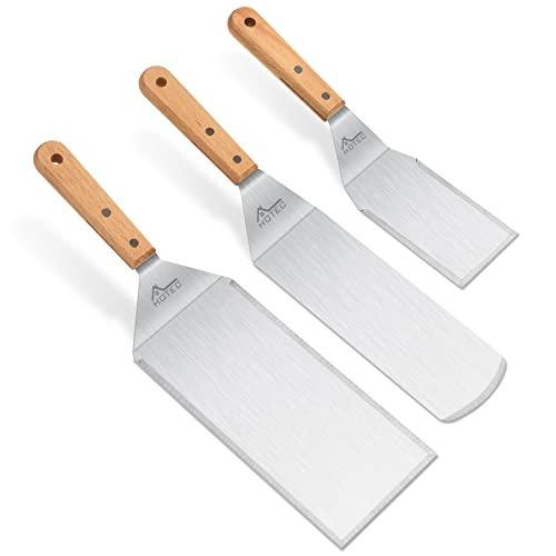 HOTEC Metal Flat Spatula Set, Stainless Steel Barbeque Turner, Griddle Scraper BBQ Tool, Pancake Flipper,Hamburger Turner, Set of 3 - CookCave