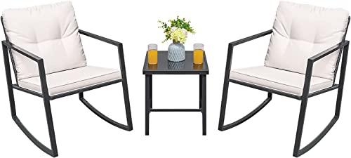 Greesum 3 Pieces Rocking Wicker Bistro Set, Patio Outdoor Furniture Conversation Sets with Porch Chairs and Glass Coffee Table, Beige - CookCave