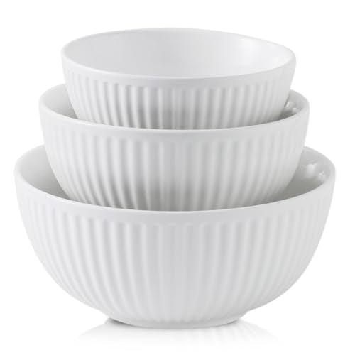 Hasense Ceramic Mixing Bowls of 3, Large Ribbed Nesting White Bowls 1.5/1/0.5 Qt For Kitchen, Cooking, Baking and Serving Prep Bowls for Salad, Pasta, Modern Space Saving Dishes for Kitchen - CookCave