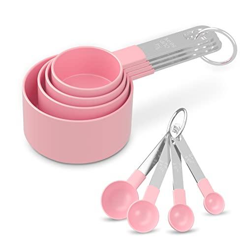 Measuring Cups and Spoons Set, 8 PCS Stackable Measuring Spoons with Stainless Steel Handle, Accurate Tablespoon for Measuring Ingredient, Kitchen Gadgets for Cooking and Baking (Pink) - CookCave