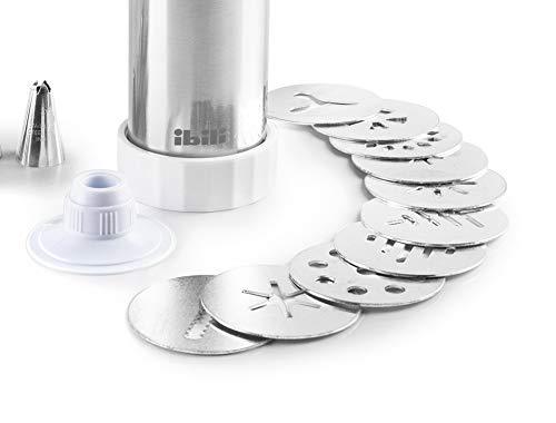 Ibili Cookie Press Gun, 18/10 INOX Stainless Steel Cookie Press for Baking, Dishwasher Safe, Includes 10 Variated Discs and 8 Interchangeable Nozzles - Made in Spain - CookCave