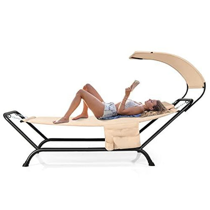 Tangkula Hammock with Stand Included, Heavy Duty Outdoor Hammock with Adjustable Canopy, Rustproof Metal Stand, Pillow, Storage Pocket, Hammock Bed with Stand for Backyard Lawn Poolside (Beige) - CookCave