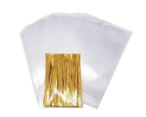 Wowfit 100 CT 6” x 10” Clear Flat Cellophane Treat Bags with 6” Gold Twist Ties, Cello Packaging for Gift Wrapping, Decorations, and Food Storage - CookCave