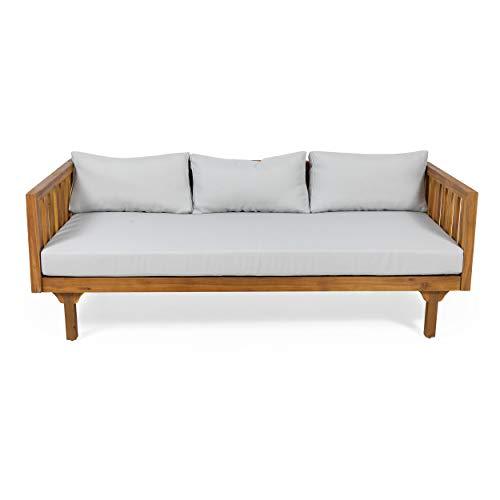 Christopher Knight Home Tina Outdoor 3 Seater Acacia Wood Daybed, Teak Finish, Light Grey - CookCave