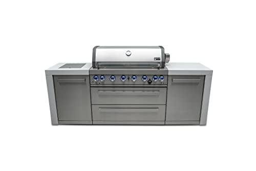 Mont Alpi MAi805-D 44-Inch 6-Burner 115000 BTU Stainless Steel Outdoor Kitchen Bar Island Barbecue Gas Grill w/Ceramic Infrared Rear & Side Burner + Granite Countertops + Storage Cabinets & Wheels - CookCave