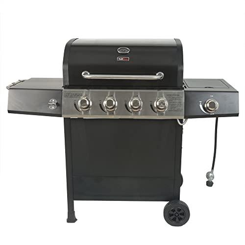 Grill Boss Outdoor BBQ 4 Burner Propane Gas Grill for Barbecue Cooking with Side Burner, Lid, Wheels, Shelves and Bottle Opener, Black - CookCave