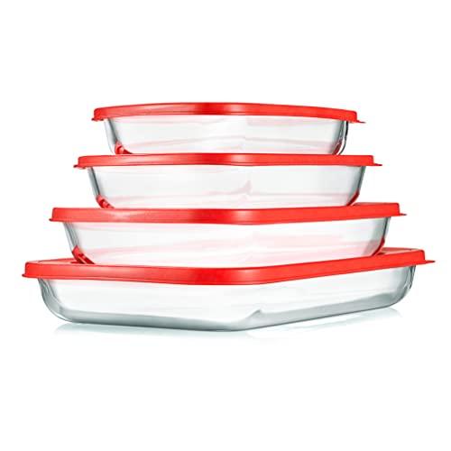 NutriChef 4 Sets Glass Bakeware - High Borosilicate Rectangular Glass Baking Dish w/Red BPA-Free PE Lids, Freezer-to-Oven Home Kitchen Bake Casserole Food Storage Stackable Tray Pan, Dishwasher Safe - CookCave