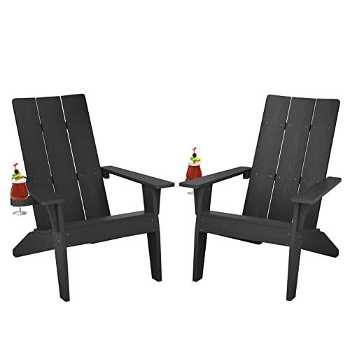 MXIMU Modern Adirondack Chairs Set of 2 Weather Resistant with Cup Holder Oversize Plastic Fire Pit Chairs Adorondic Plastic Outdoor Chairs for Firepit Area Seating (Black) - CookCave