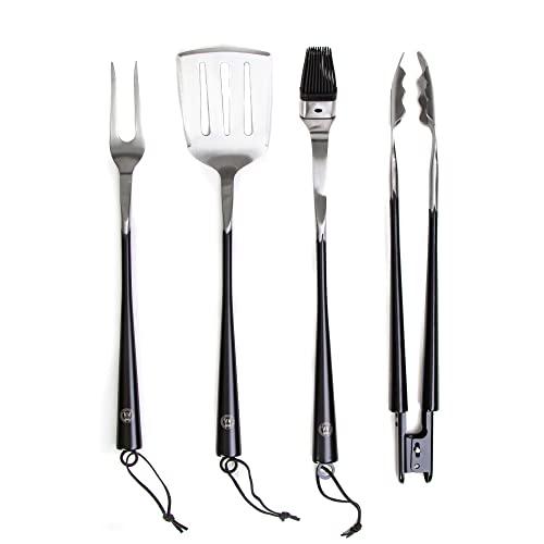 Schmidt Brothers - BBQ Carbon 6, 4-Piece Grilling Accessory Set, Full-Forged Stainless Steel Grilling Utensils Including Spatula, Fork, Basting Brush, and Tongs with All Wood Handles - CookCave