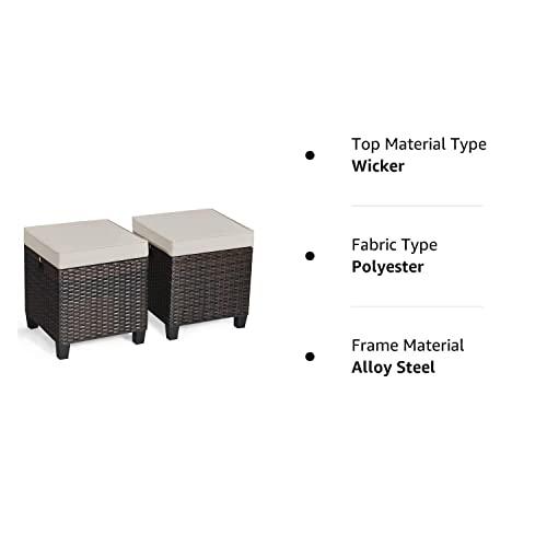 Tangkula 2 Pieces Outdoor Patio Ottoman, All Weather Rattan Wicker Ottoman Seat, Patio Rattan Furniture, Outdoor Footstool Footrest Seat w/Removable Cushions (Brown) - CookCave