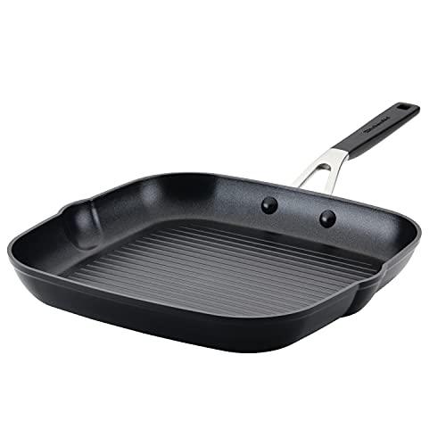 KitchenAid Hard Anodized Nonstick Square Grill Pan/Griddle with Pour Spouts, 11.25 Inch, Onyx Black - CookCave