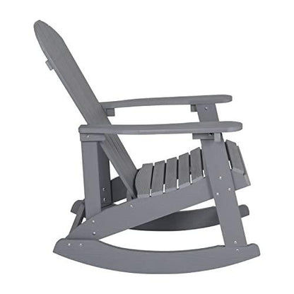 Flash Furniture Savannah Poly Resin Wood Adirondack Rocking Chair - All Weather Gray Polystyrene - Stainless Steel Hardware - CookCave