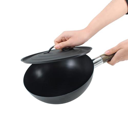 Polar Bear Non-Stick Cast Iron Wok Small Wok Pan with Iron Lid Wooden Handle Suitable for All Stoves, 9" Mini Wok - CookCave