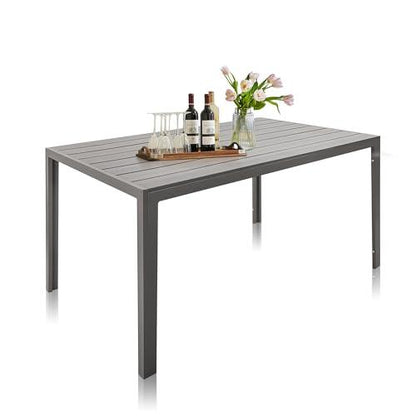 LUCKYERMORE Outdoor Dining Table for 6 Person, 55” Rectangular Patio Dining Table with Aluminum Frame, Metal Table for Deck, Garden, Backyard Use, Grey Wood Look - CookCave