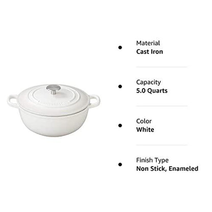 EDGING CASTING Enameled Cast Iron Dutch Oven Pot with Lid for Bread Barking, Enameled Bread Ovens, Suitable For Variety Stovetops, 5 Quart, White - CookCave