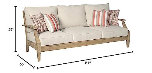 Signature Design by Ashley Clare View Coastal Outdoor Patio Eucalyptus Sofa with Cushions, Beige - CookCave