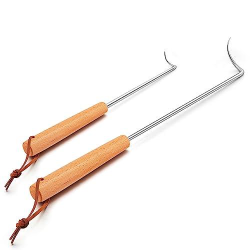 Pigtail Food Flipper 2Pcs, HaSteeL 12 & 17 Inch Meat Turner Hook, Stainless Steel Pig Tail Flipper Hook With Wooden Handle, Grill Accessories for BBQ Grilling Griddle Kitchen Cooking - Right Handed - CookCave