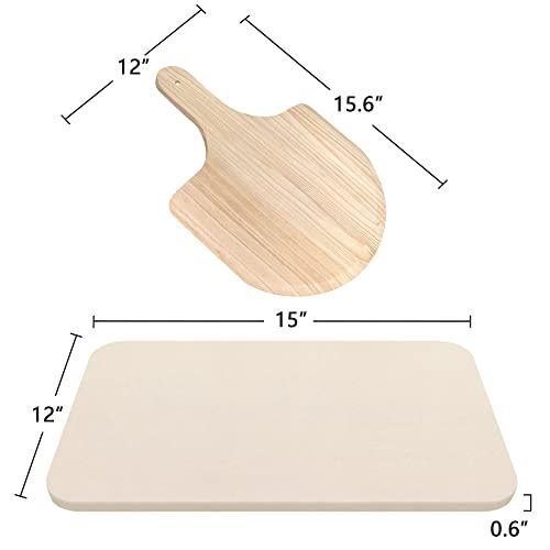 KORCCI Large Pizza Stone for Oven and Grill 15 x 12", Free Wooden Pizza Peel paddle, Durable and Safe Baking Stone for grill, Thermal Shock Resistant cooking stone - CookCave