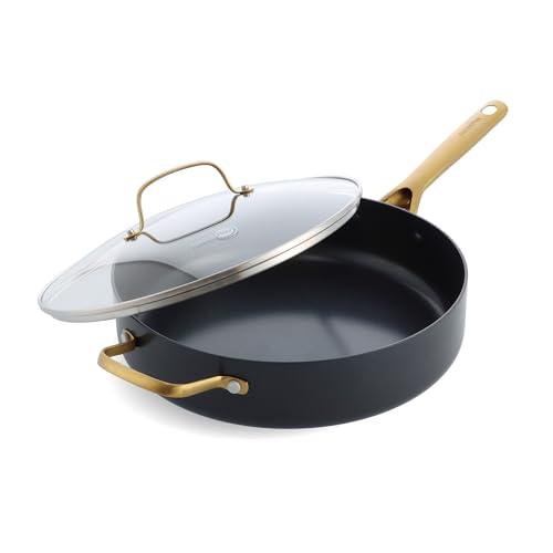 GreenPan Deco Hard Anodized Healthy Ceramic Nonstick 12” Saute Pan with Lid, Gold-Tone Stainless Steel Handle, Durable, Scratch Resistant, Dishwasher & Oven Safe, PFAS-Free, Black - CookCave