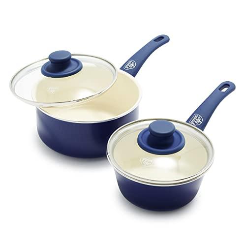 GreenLife Soft Grip Healthy Ceramic Nonstick, 1QT and 2QT Saucepan Pot Set with Lids, PFAS-Free, Dishwasher Safe, Blue - CookCave