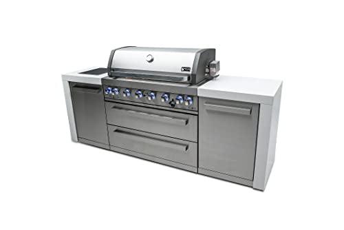 Mont Alpi MAi805-D 44-Inch 6-Burner 115000 BTU Stainless Steel Outdoor Kitchen Bar Island Barbecue Gas Grill w/Ceramic Infrared Rear & Side Burner + Granite Countertops + Storage Cabinets & Wheels - CookCave