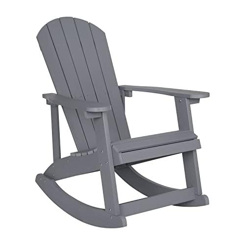 Flash Furniture Savannah Poly Resin Wood Adirondack Rocking Chair - All Weather Gray Polystyrene - Stainless Steel Hardware - CookCave