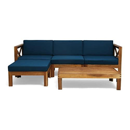 Christopher Knight Home Mamie Outdoor Acacia Wood 5 Piece Sofa Set, Teak Finish, Dark Teal - CookCave