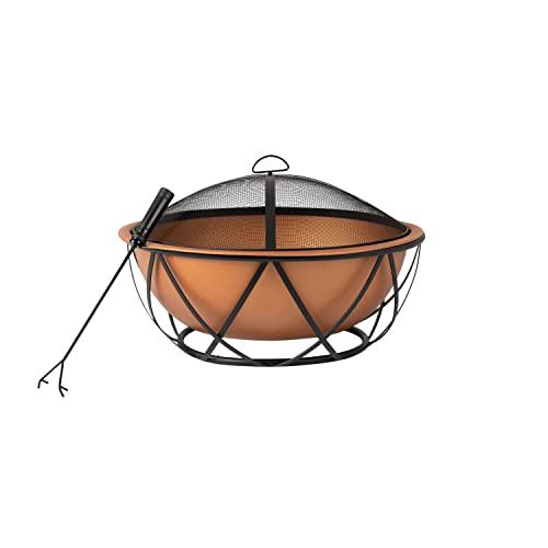 Fire Sense 62241 Fire Pit Barzelonia Copper-Look Wood Burning Lightweight Portable Outdoor Firepit Backyard Fireplace Camping Bonfire Included Screen Lift Tool & Cooking Grate - Round - 26" - CookCave