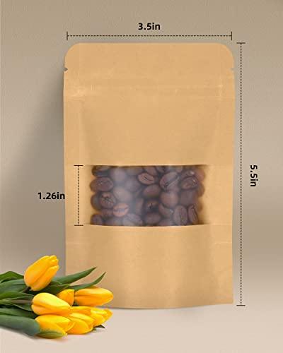 Larzack 50pcs Kraft Bags with Window 3.5x5.5 Inches Brown Reusable Sealable Zip Lock Food Storage Stand up Paper Pouches for Home or Business - CookCave