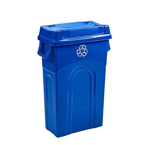 United Solutions 23 Gallon Highboy Plastic Recycling Bin Kitchen Trash Can with Lid, Pass Through Handles, and Dustpan Edge, Blue - CookCave
