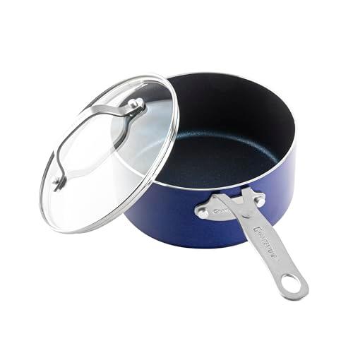 Granitestone Blue 2.5 Quart Small Sauce Pan with Lid, Sauce pot with Lid, Ultra Nonstick & Durable Diamond Reinforced Small Pots for Cooking, Saucepan with Lid & Stay Cool Handle, Dishwasher Safe - CookCave