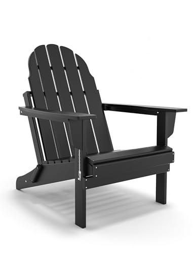 Folding Adirondack Chair - Durable HDPE Poly Lumber All-Weather Resistant, Foldable Oversized Balcony Porch Patio Outdoor Chair for Lawn, Backyard, Deck, Garden, Camping - Easy Installation, Black - CookCave