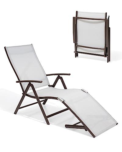 Pellebant Aluminum Patio Chaise Lounge Chair, Adjustable Chair for Outside with 8 Backrest Positions, Brown Frame, Folding Outdoor Recliners All Weather for Beach, Pool and Yard, Light Grey - CookCave