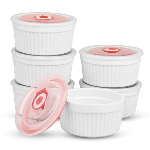 HATHMZ Ramekins with Lids, Pack of 6, 8oz White - Porcelain Creme Brulee Ramekins & Souffle Dishes for Oven - Scratch Resistant & Stackable - Ramekin Ideal for Serving and Baking - CookCave