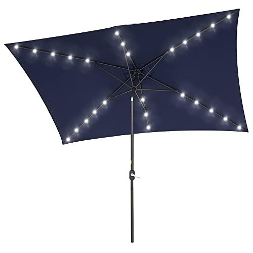 Bonosuki 10x6.5' Solar LED Outdoor Umbrella Patio Umbrella 2-Year-Non-Fading Steel Market Umbrella with Push Button Tilt and Crank,Navy Blue - CookCave