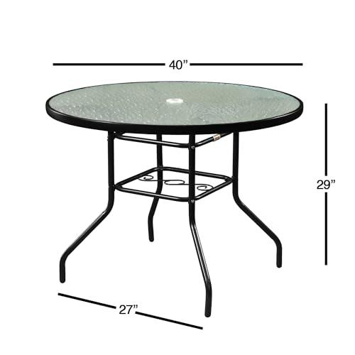 Garden Elements Outdoor Steel Dining Table Patio Furniture, Round Waterwave Glass Top, Black, 40" - CookCave