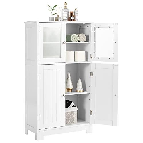 HAPPYGRILL Bathroom Storage Cabinet with Adjustable Shelf, Bathroom Cabinets Freestanding with Anti-toppling Device, Bathroom Floor Cabinet w/Tempered Glass Doors for Kitchen Dining Room Living Room - CookCave