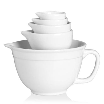 Sweejar Porcelain Mixing Bowl with Scale, Ceramic Serving Container for Kitchen, Nesting Bowl with Handle, Using for Baking, Prepping, Cooking, Lead-Free, Set of 5(White) - CookCave