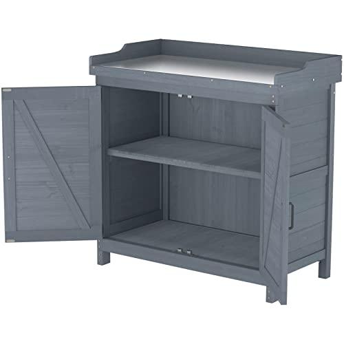 GOOD LIFE USA Outdoor Garden Patio Wooden Storage Cabinet Furniture Waterproof Tool Shed with Potting Benches Outdoor Work Station Table (Gray) - CookCave