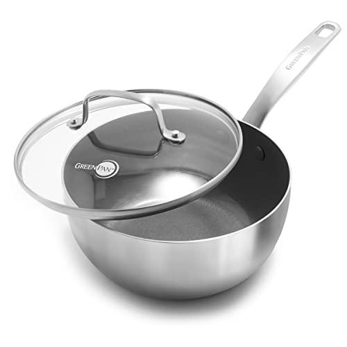 GreenPan Chatham Tri-Ply Stainless Steel Healthy Ceramic Nonstick Induction Suitable, Saucepan with Lid, 2.5QT, Silver - CookCave