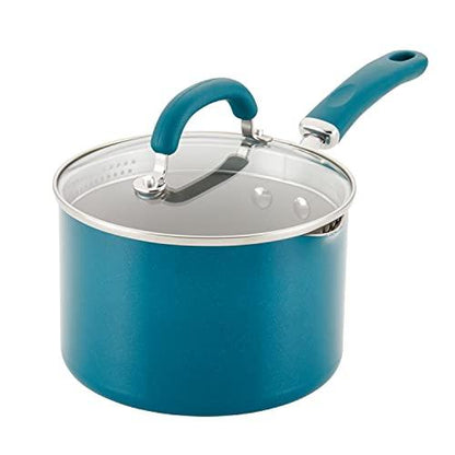 Rachael Ray 12020 Create Delicious Nonstick Sauce Pan / Saucepan with Straining and Lid, 3 Quart - Teal Shimmer - CookCave