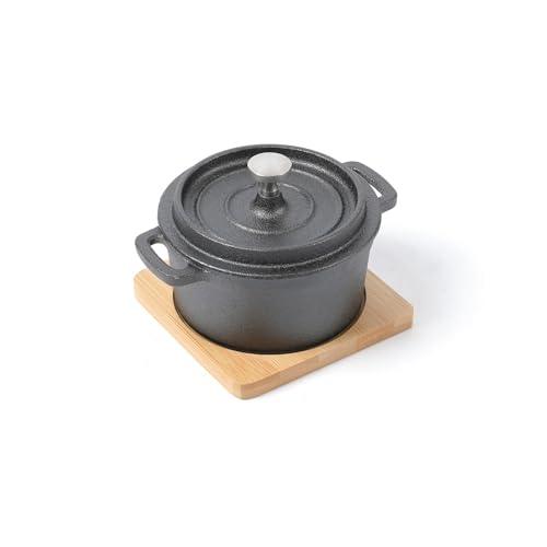 HAWOK Cast Iron Mini Round Cocotte Set, 0.3QT Mini Dutch Ovens with Lids and Bamboo Trays, 270ml/9.13oz/1.08cups, Set of 6, Black - CookCave