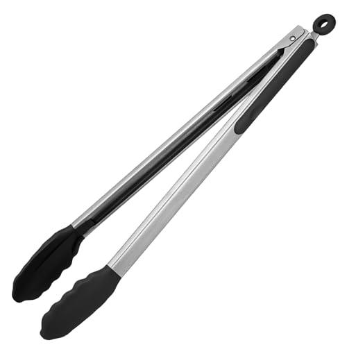 600℉ Heat Resistant Kitchen Tongs: U-Taste 16 inch Extra Long Large Silicone Cooking Tong with Sturdy Non Stick Rubber Tips & Non Slip Silicon Coated 18/8 Stainless Steel Handle for Grill BBQ (Black) - CookCave
