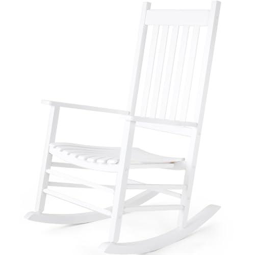 MAMIZO Wooden Rocking Chair Outdoor with High Back,Rocking Chair Indoor Oversized Easy to Assemble for Garden,Lawn, Balcony, Backyard,Porch,Wooden Rocking Chair,Porch Rocker（White） - CookCave